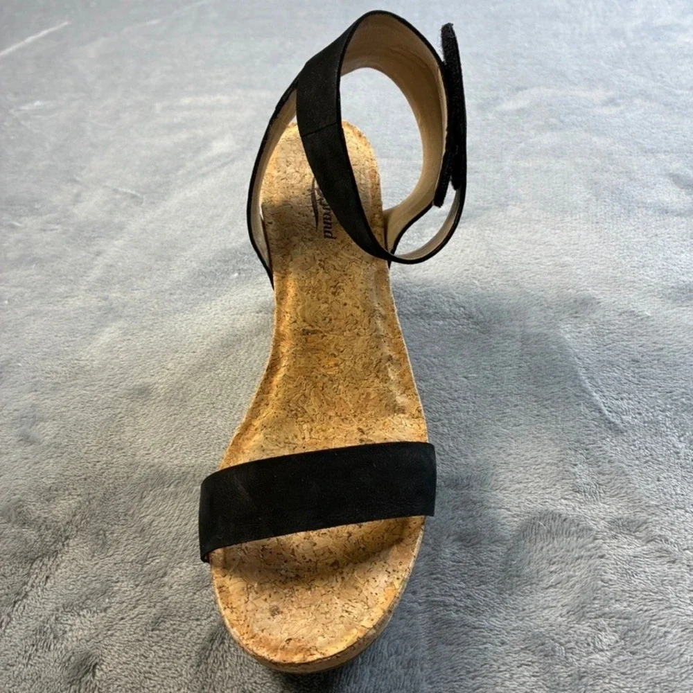 Lucky Brand McDowell Black Leather Cork Wedge Heel Sandals Womens 8M LK-MCDOWELL
